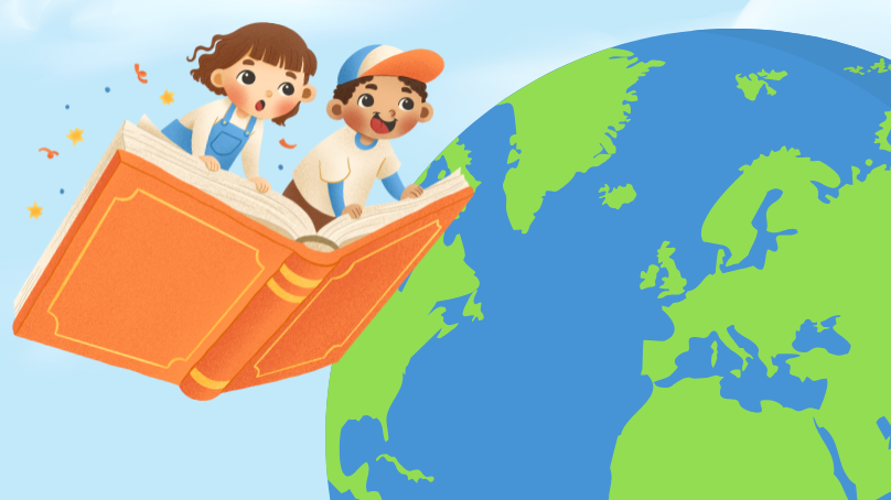 Illustration of a two children flying over Earth on an orange open book.