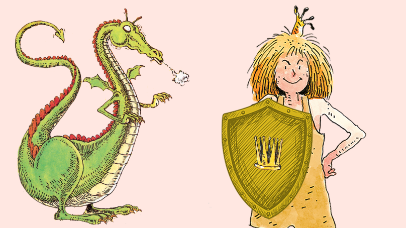 The Paper Bag Princess and the dragon on a pink background.