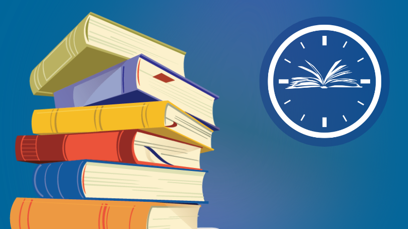 A stack of books in front of a blue background. The Time to Read logo on the right side of the image.