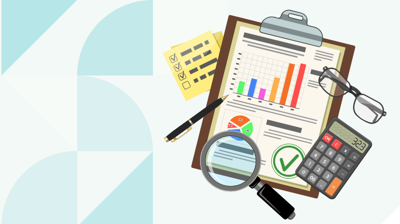 Illustrated pile of office supplies on a light green background.