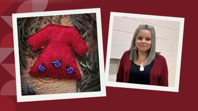 red dress beaded pin and Gerri-Lee Pangman