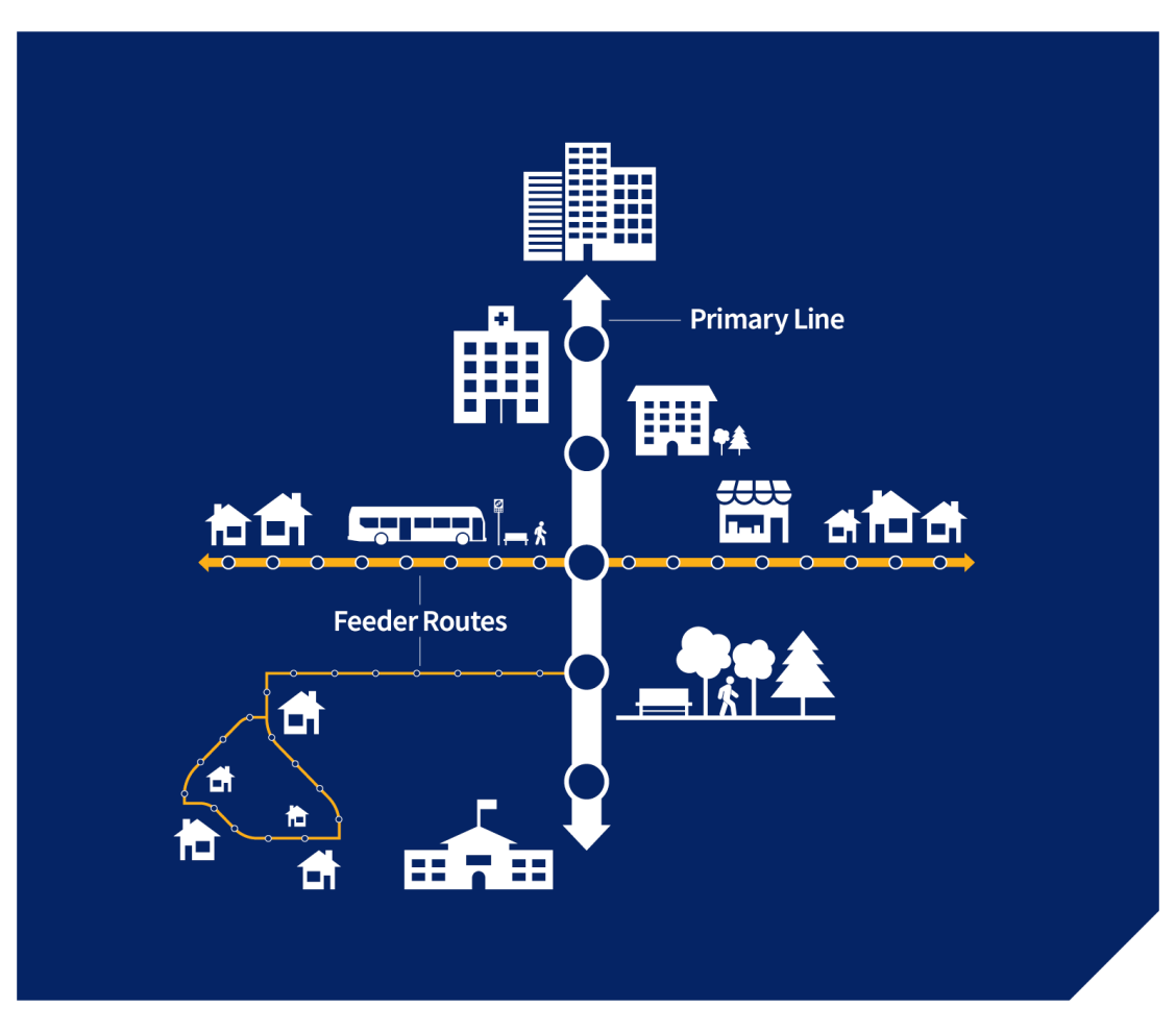 Illustration of feeder routes connecting to a primary transit network spine. Dots along the different route types show that stops on the primary transit network are further apart than on feeder routes.