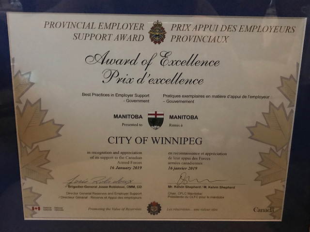 Certificate presented to the City of Winnipeg from the Canadian Forces Liaison Council.