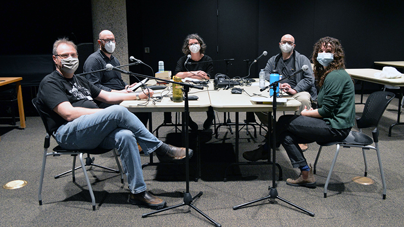 Recording the 50th episode of the Time to Read podcast, with L-R Trevor Lockhart, Alan Chorney, Kirsten Wurmann, Dennis Penner, and Toby Cygman