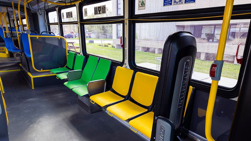 Colour coded seats on a Winnipeg Transit bus