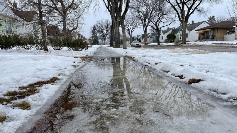 Water pooling on an icy sidewalk