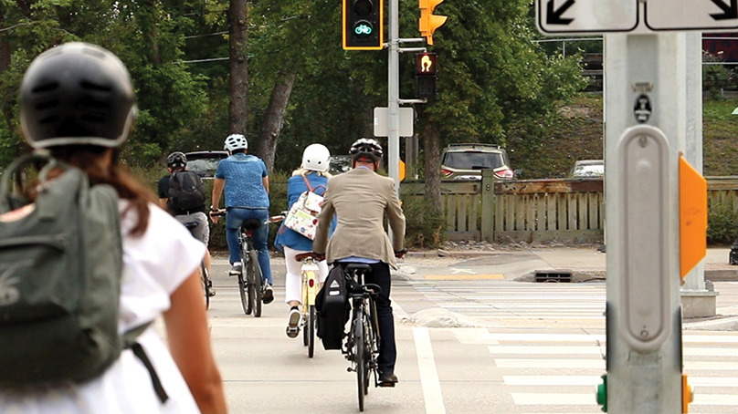 several people on bikes crossing a street on a bike lane with a bike signal