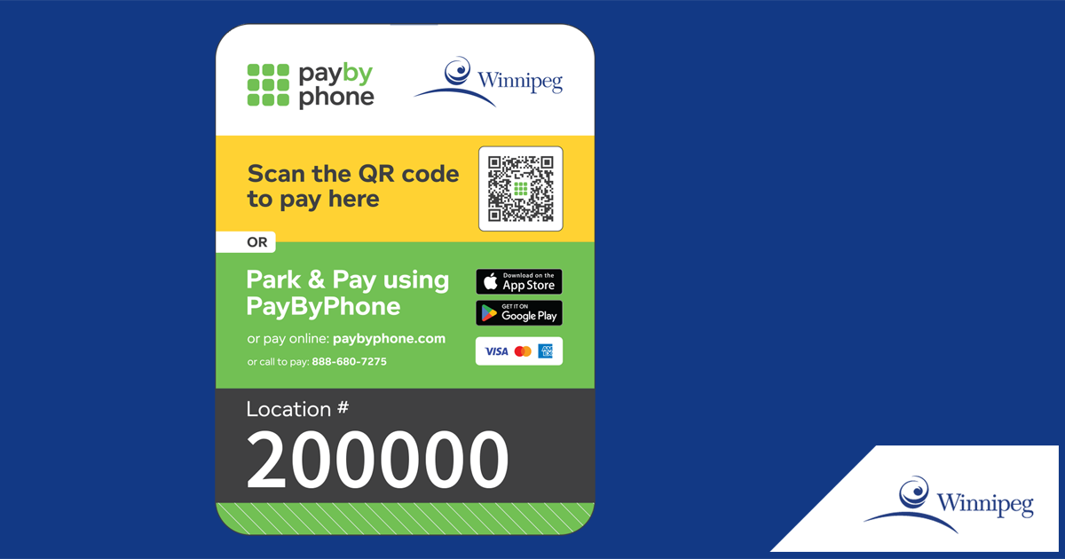 A graphic of a PayByPhone parking sign is displayed in front of a blue background. The City of Winnipeg logo is in the bottom right corner.