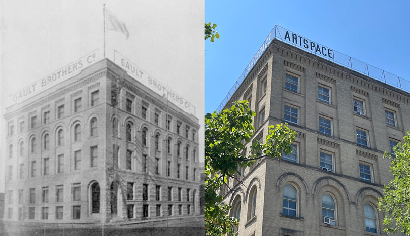 The restored rooftop parapet fence is used for the Artspace building’s identification letter signage. It pays homage to the original letter signage for the Gault Brothers Co.