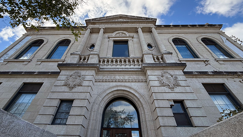 Exterior of the Carnegie Library looking up towards the sky