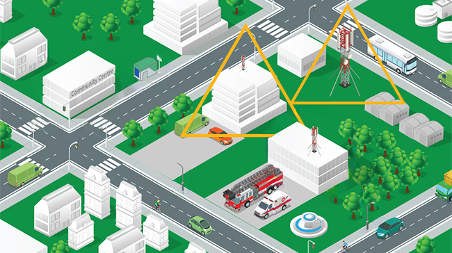 Cell towers in Winnipeg – Illustrated city map showing an intersection with roads, vehicles, and buildings. Yellow triangles represent privately owned lands/buildings.
