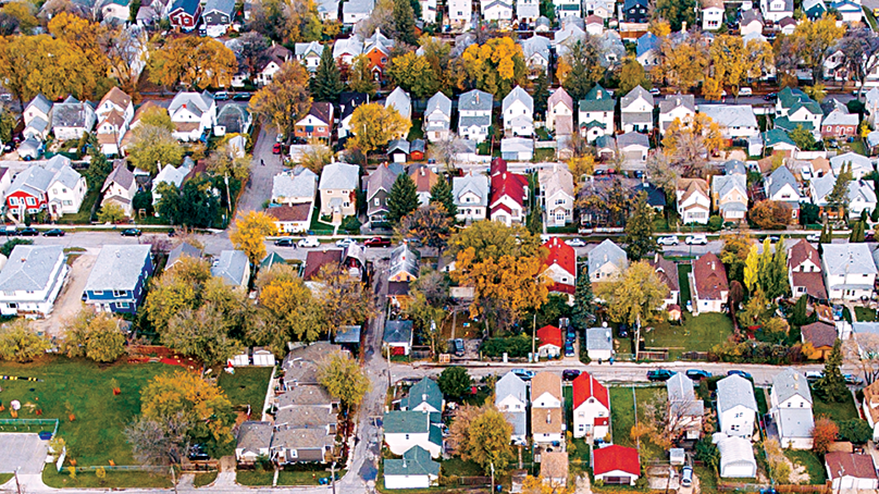 Aerial view of houses in an established neighbourhood