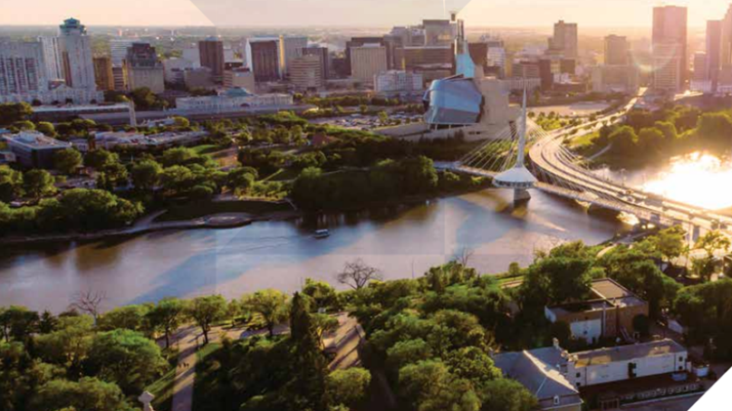 Winnipeg downtown skyline and Red River during sunset
