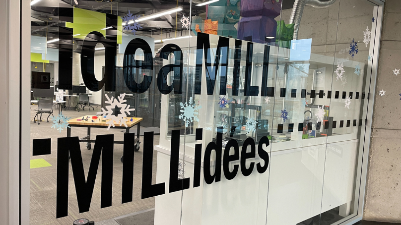 Entrance window to the Millennium Library's ideaMILL makerspace
