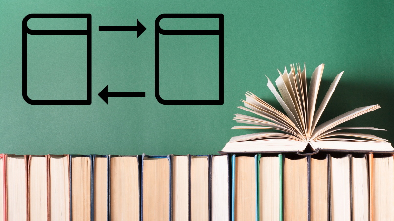 row of books and an icon showing a loan process