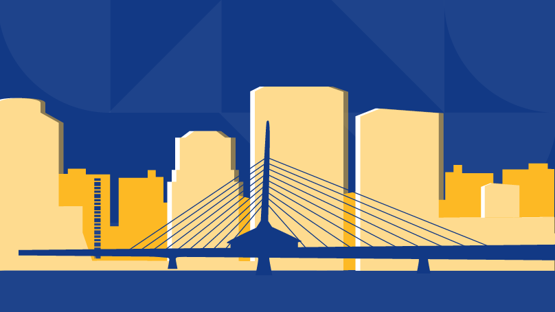 A blue and yellow outline of the City of Winnipeg