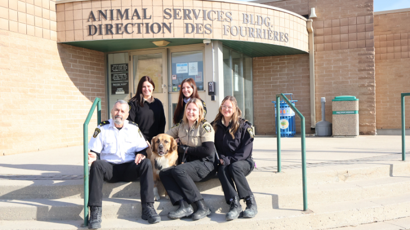 Staff posing with adoptable dog outside of Winnipeg Animal Services