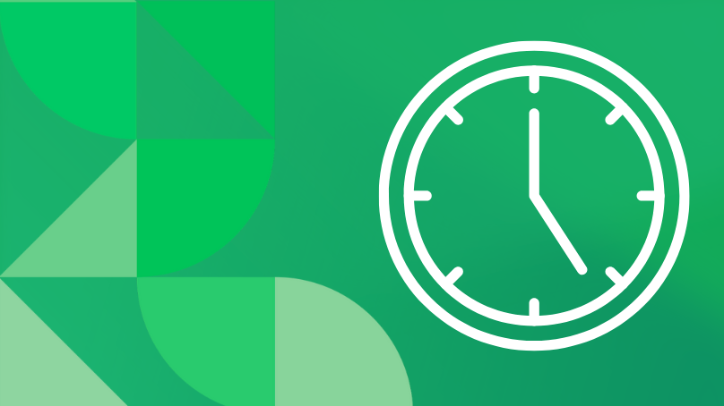 White clock icon on a green background.