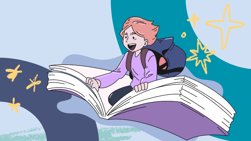 I love to read month person riding a book