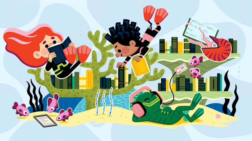 Illustration of two children underwater with sea creatures reading and relaxing.