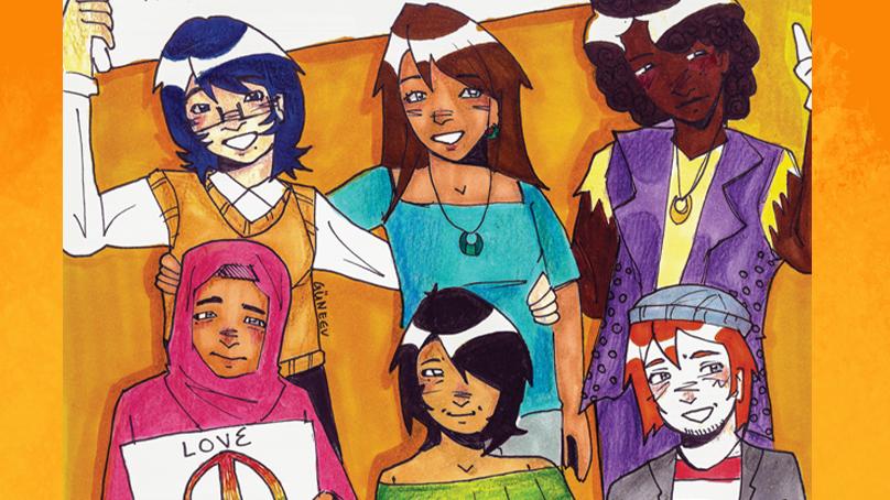 marker illustration of a diverse group of teens on orange background