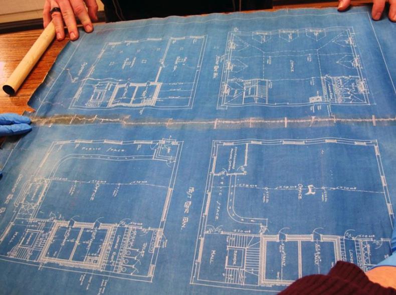 Select plans were flattened, cleaned, humidified, digitized, and then encapsulated. Credit: Jane Dalley, Heritage Consulting.