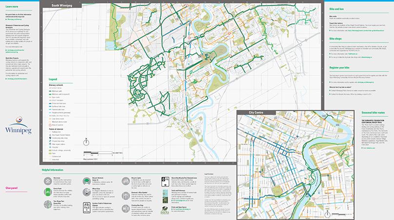 Page 2 of the updated Cycling Map showing the south part of Winnipeg and Downtown.