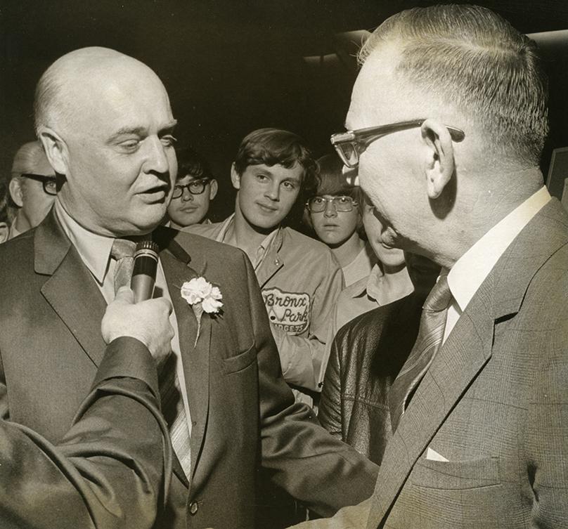 The 1971 Civic Election was a landslide victory for Mayor Stephen Juba (right) who defeated his nearest opponent Jack Willis (left), the Metro Council Chairperson, by nearly three to one. In addition to being the first Mayor of the newly unified City of Winnipeg, Mayor Juba is still the longest-serving Mayor in Winnipeg’s history (1957-1977). Photo taken on Election Day, October 6, 1971. Credit: Gregg Burner UMA, Winnipeg Tribune fonds, PC18 (A.81-12), Box 19, File 678, Item 7