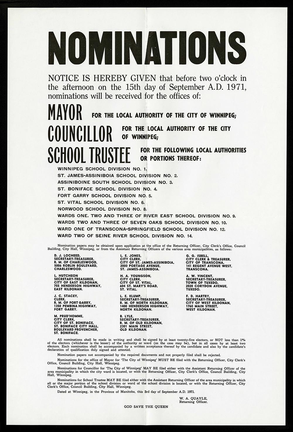 Notice of nominations for Mayor, Councillor, and School Trustee Item dated September 3, 1971 COWA, City of Winnipeg fonds, Election Records, Election Working Papers, Box A825, File 2