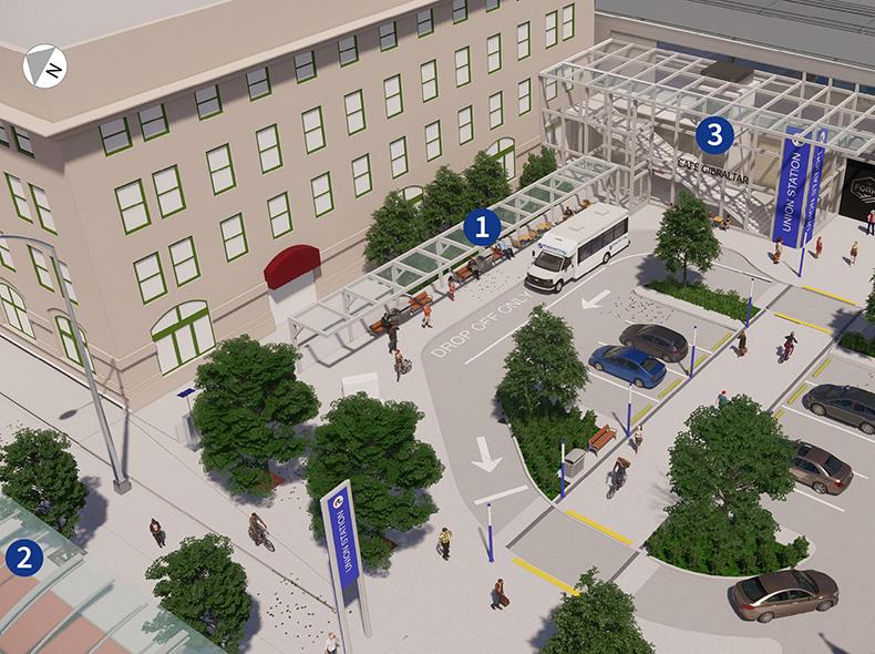 A diagram of Union Station shows an accessible drop off point (1) located between two accessible stations (2,3). The plan proposes a pilot project integrating Transit Plus with conventional transit.
