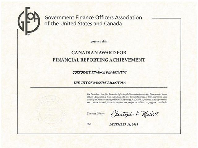 The City previously received the Canadian Award for Financial Reporting Award and the Distinguished Budget Presentation Award.
