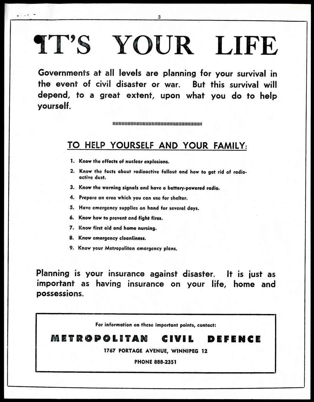 Telephone Directory insert created by Metropolitan Civil Defence, 1964. City of Winnipeg Archives, Metropolitan Corporation of Greater Winnipeg, Box A2033, File 7.