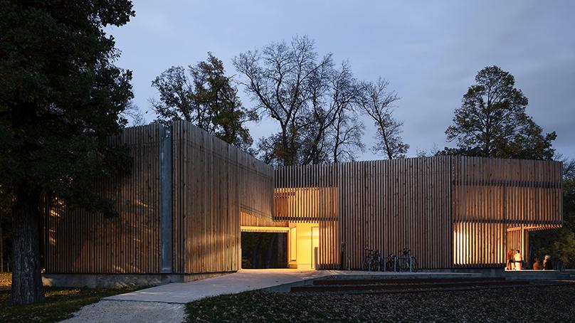 Evening view of the Forest Pavilion