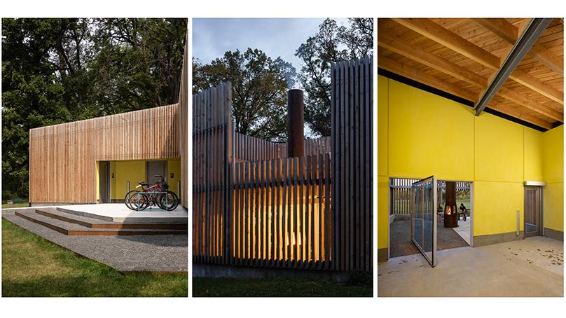 The Forest Pavilion features an enclosed fireplace plaza with a landmark 20’ tall firepit chimney.