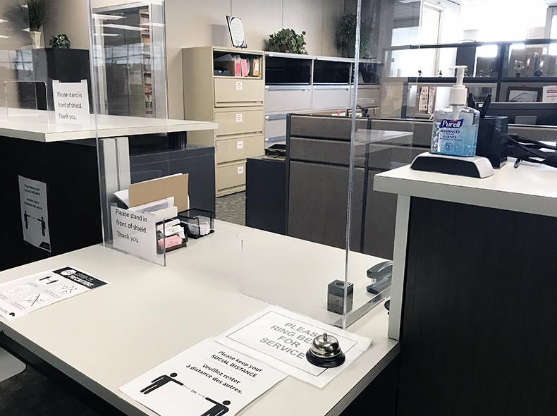 Plexiglass shields have been installed at front counters and hand sanitizer is available.