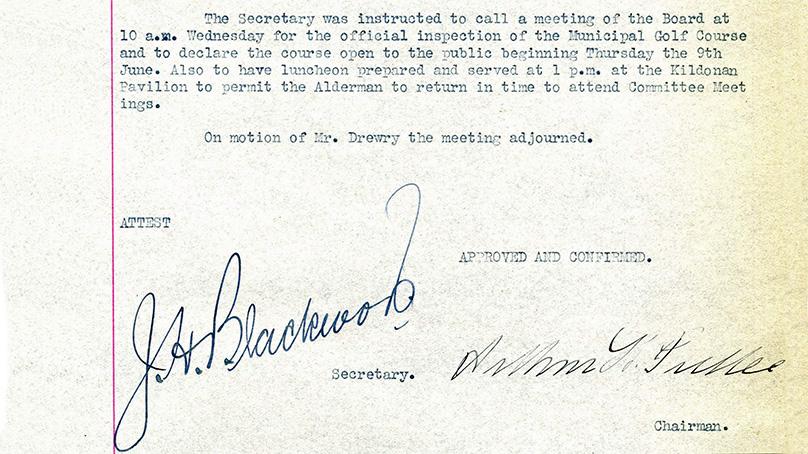 Plans to open course to public as recorded in Parks Board Meeting Minutes from June 2, 1921, City of Winnipeg Archives Parks Board Records