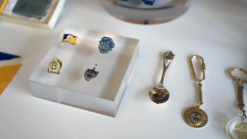 Items from the City of Winnipeg crest exhibit on display on the second floor of the Council Building at City Hall.