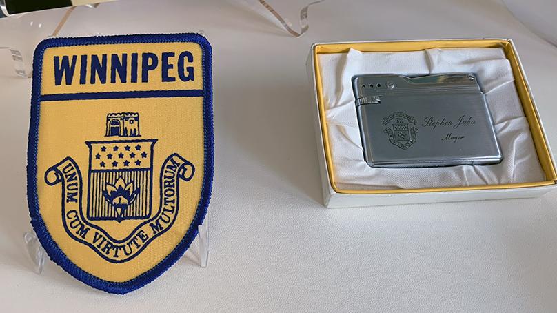 Items from the City of Winnipeg crest exhibit on display on the second floor of the Council Building at City Hall.