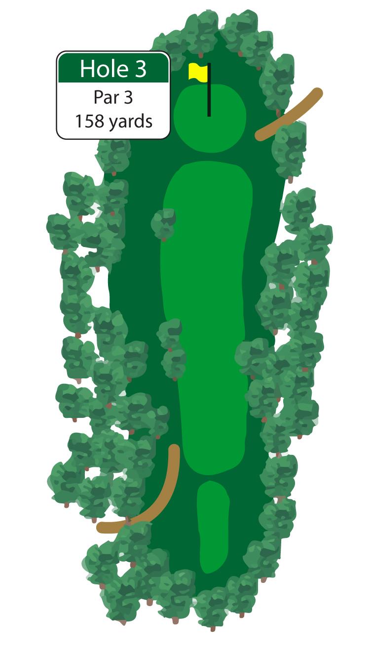 The par 3 third hole requires maximum accuracy from the tee. Both the left and right sides of the hole are guarded by trees that make for an extra narrow approach.