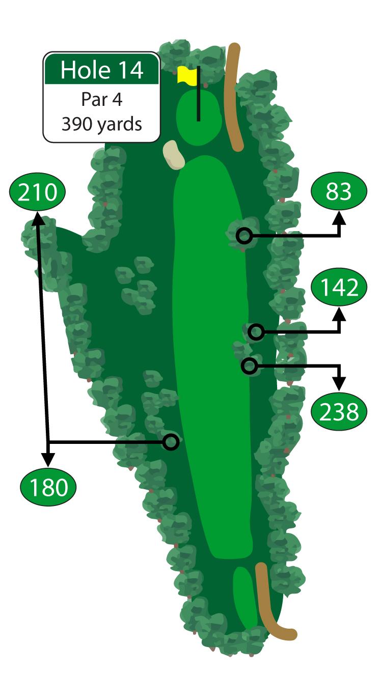Aim your tee shot to the left side of the fairway in order to avoid the fairway bunker.
