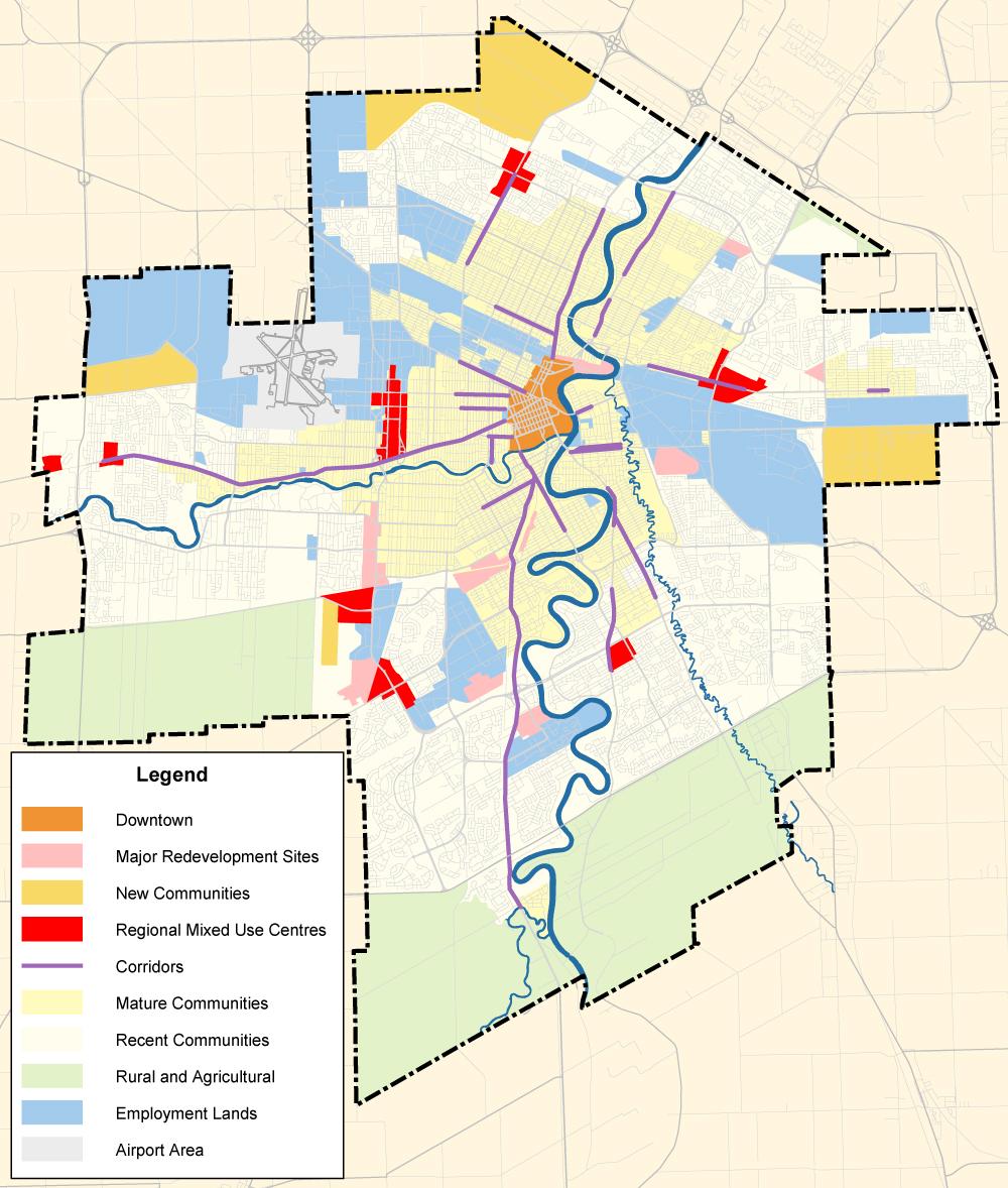 OurWinnipeg - Urban Structure Map. Legend: Downtown, Major Redevelopment Sites, New Communities, Regional Mixed Use Centres, Corridors Mature Communities, Recent Communities, Rural and Agricultural, Employment Lands, Airport Area