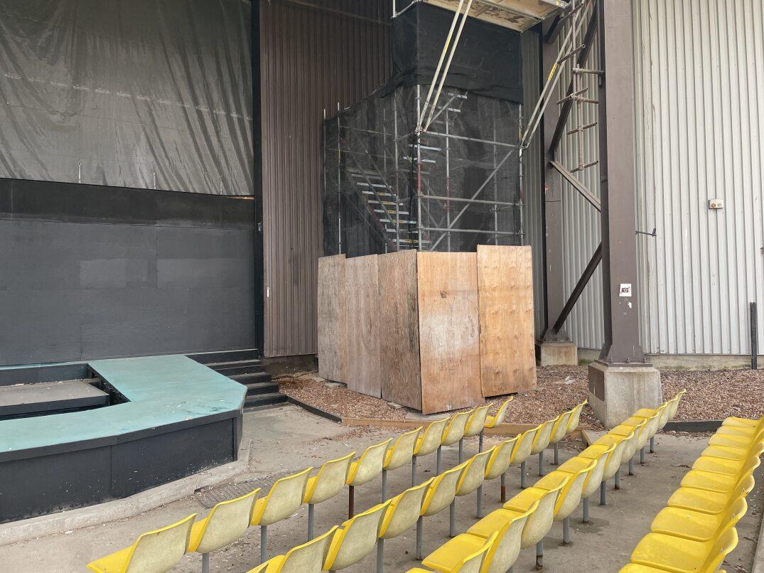 Winnipeg Fleet Management Agency installed scaffolding around a stairway leading to the lighting area, and reinforced it with wood panels to improve safety. Those panels will be painted black.