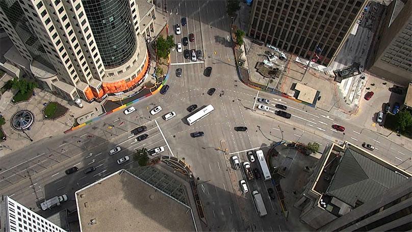 Aerial photo of Portage Avenue and Main Street intersection