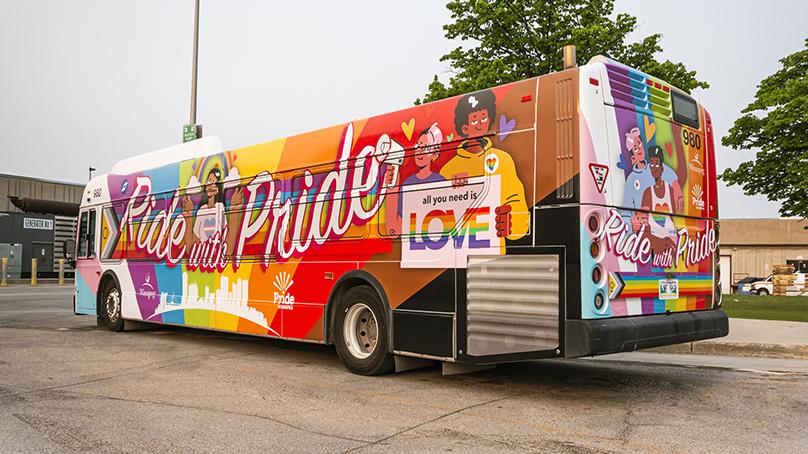 The bus wrap was designed by Winnipeg Transit’s graphic design team, in collaboration with our Pride City of Winnipeg Professional Equity Network.
