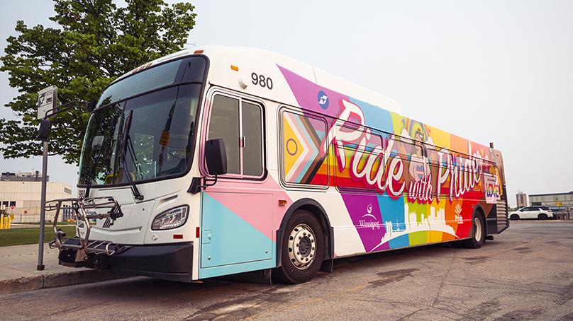 The bus wrap was designed by Winnipeg Transit’s graphic design team, in collaboration with our Pride City of Winnipeg Professional Equity Network.