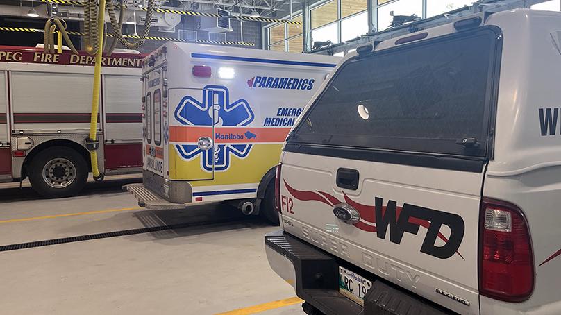 Emergency vehicles at a WFPS fire-paramedic station.