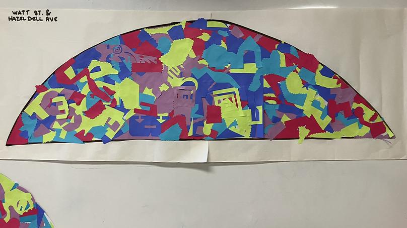 The mural at Watt Street and Hazel Dell Avenue was designed by neighbourhood children.