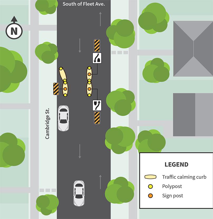 Map showing placement of traffic calming measures at Cambridge St between Fleet and Lorette