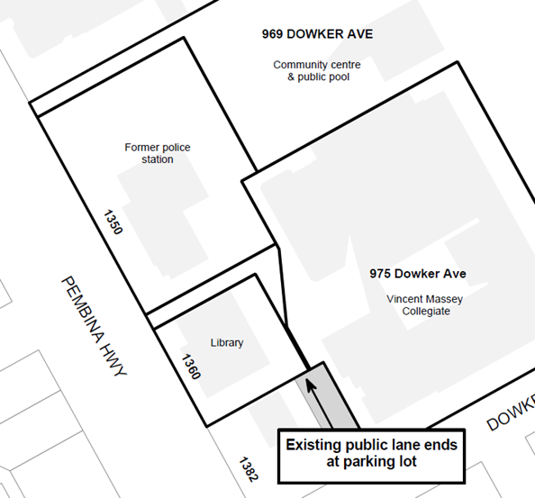 Map of Pembina Highway, including the former police station (1350 Pembina Hwy.), library (1360 Pembina Hwy.), and Vincent Massey Collegiate (975 Downke Ave.)