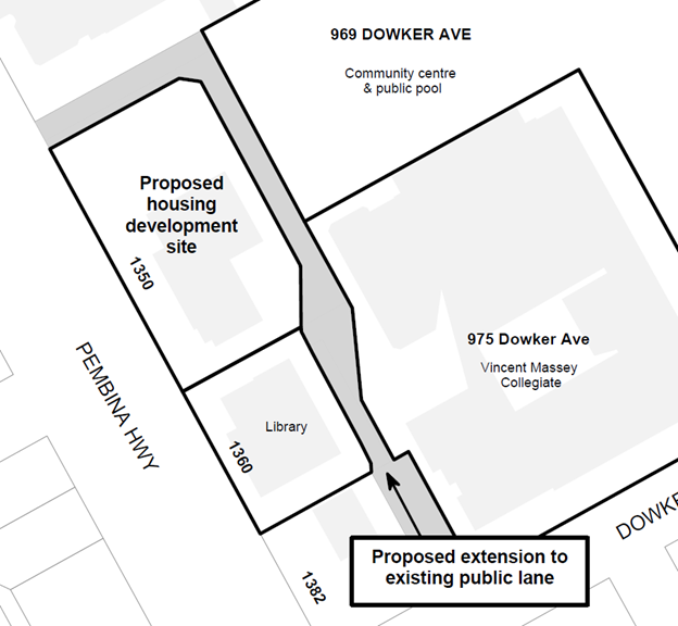 Map of Pembina Highway, including the former police station (1350 Pembina Hwy.), library (1360 Pembina Hwy.), and Vincent Massey Collegiate (975 Downke Ave.)